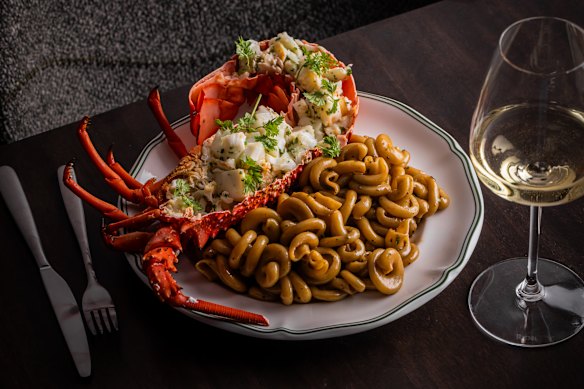 Half live lobster with trottole pasta, bisque, tarragon and butter.