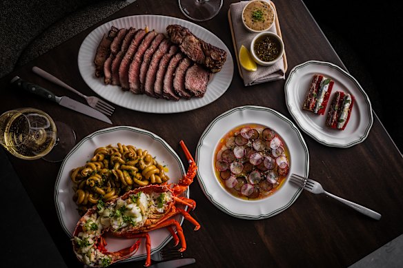 Clockwise from bottom left: Half live lobster with trottole pasta; 1kg+ Black Onyx rib eye on the bone; anchovy toast; and lightly cured snapper at The Hideaway.