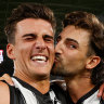 Brothers in arms Nick Daicos (left) and Josh Daicos show their love for each other last year, Nick’s first in the AFL.