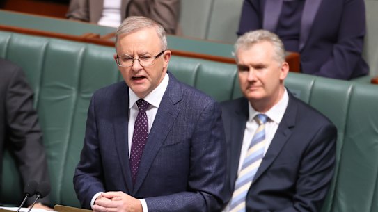Federal Opposition Leader Anthony Albanese delivering his budget reply speech on Thursday night.
