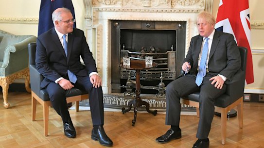 Scott Morrison with British Prime Minister Boris Johnson ahead of their meeting at 10 Downing Street.