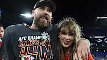 BALTIMORE, MARYLAND - JANUARY 28: Travis Kelce #87 of the Kansas City Chiefs celebrates with Taylor Swift after a 17-10 victory against the Baltimore Ravens in the AFC Championship Game at M&T Bank Stadium on January 28, 2024 in Baltimore, Maryland. (Photo by Patrick Smith/Getty Images)