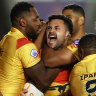 Papua New Guinea players celebrate during their game against Tonga at the World Cup. The rivalry is set to be rekindled in the Pacific Championships.