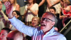 Scott Morrison sings during an Easter Sunday service at his Pentecostal church, Horizon, in Sydney.