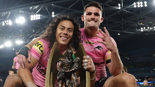 Jarome Luai and Nathan Cleary after winning their fourth premiership together.