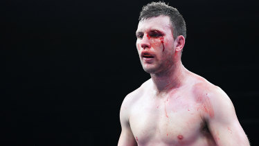 Bloodied but unbowed: Jeff Horn bleeds from a cut above his eye caused by a head knock during the bout.