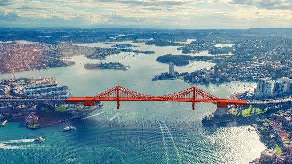 An alternative design of the harbour bridge - a stiffened suspension bridge designed by  McClintic Marshall Products Company.