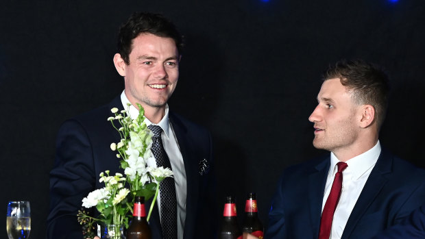 Soaking up the atmosphere: Lachie Neale (left) speaks to Rory Laird of the Crows during the 2020 Brownlow Medal count in Brisbane. 