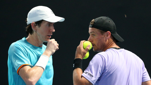 Out: Hewitt addressed the media after he and John-Patrick Smith lost their first-round doubles match at the Australian Open.