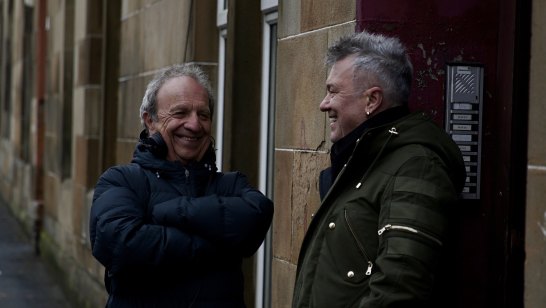Director Mark Joffe (left) and Jimmy Barnes making Working Class Boy.