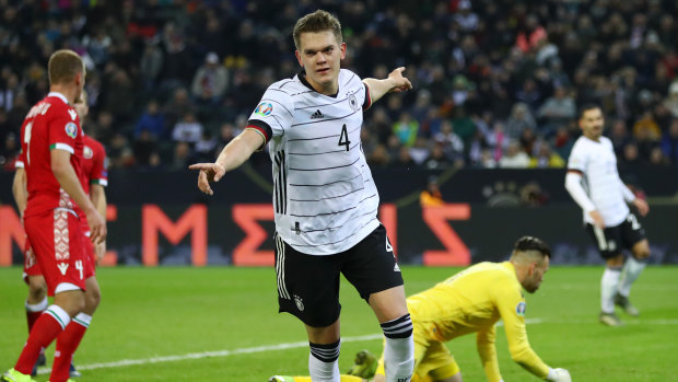 Matthias Ginter of Germany celebrates after scoring his team's first goal against Belarus in Moenchengladbach.