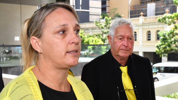 Victim Annette Mason's sister Linda Mason (left) and father Mick Mason (right) are seen during a media conference outside the Brisbane Coroners Court in Brisbane on Monday.