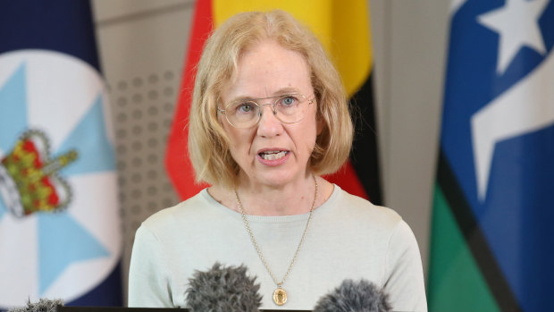 Chief Health officer Jeannette Young speaks at a press conference in Brisbane.