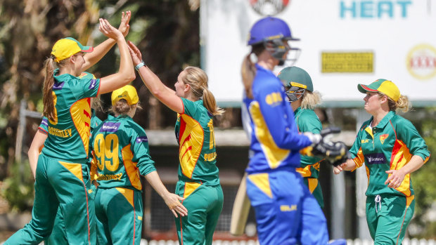 Tasmania celebrate the wicket of Zoe Cooke.