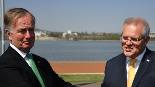United States Ambassador Arthur B. Culvahouse and Prime Minister Scott Morrison at the National Flag Raising and Citizenship Ceremony in Canberra on Sunday. 