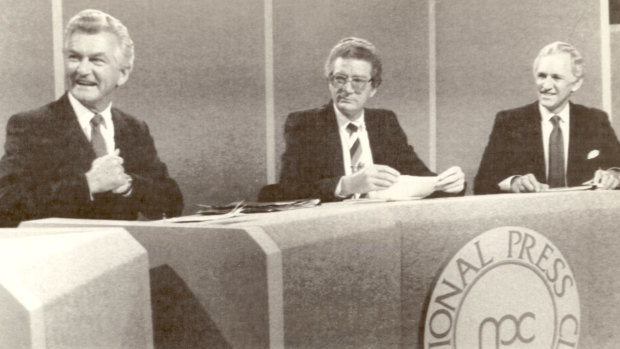 Bob Hawke and Andrew Peacock at the National Press Club for the "Great Debate" of 1984.