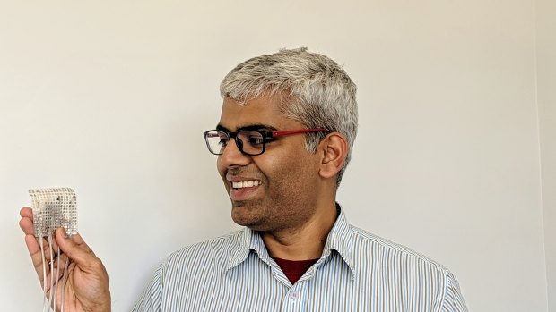 Gopala Anumanchipalli, one of the study's authors, holds a set of electrodes similar to the ones used in the study.
