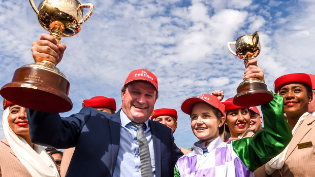 Darren Weir and Michelle Payne after Prince of Penzance wins the Melbourne Cup.