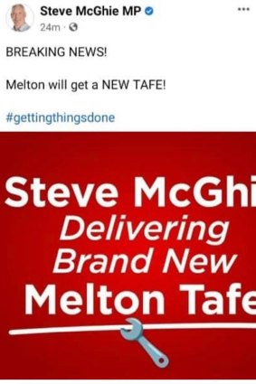 A screenshot from Labor MP Steve McGhie last week announcing the new TAFE campus for Melton.
