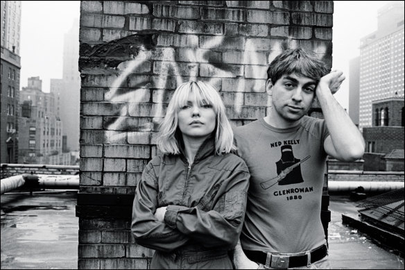 Debbie Harry and Chris Stein on the roof of his New York apartment. Stein wears a Ned Kelly T-shirt bought during Blondie’s first Australian tour in 1977.