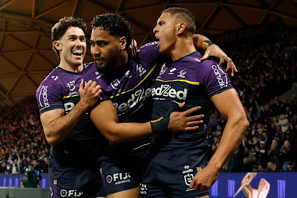 Will Warbrick and the Storm celebrate a try in their preliminary final win over the Sharks, and a berth in yet another grand final.