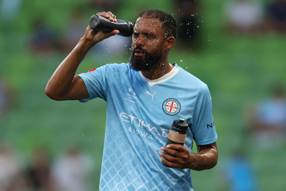 Melbourne City’s Samuel Souprayen takes a drinks break during an A-League soccer match played in extreme heat at Melbourne’s AAMI Park earlier this month.