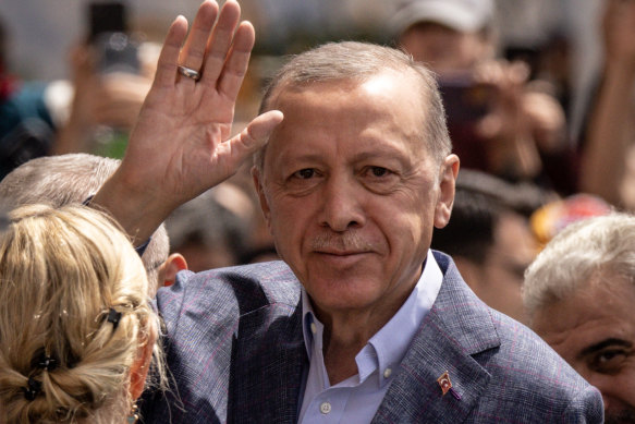 Turkey’s President Recep Tayyip Erdogan arrives to cast his vote at Sunday’s election.