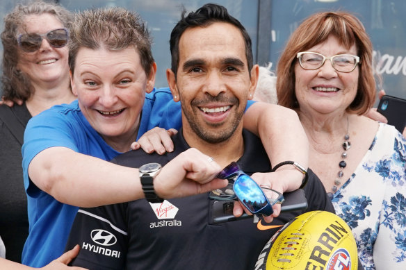 Happy homecoming: Eddie Betts is welcomed back to the Blues.