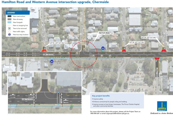 Brisbane City Council’s T-intersection plan for Hamilton Road and Western Avenue near Prince Charles Hospital.