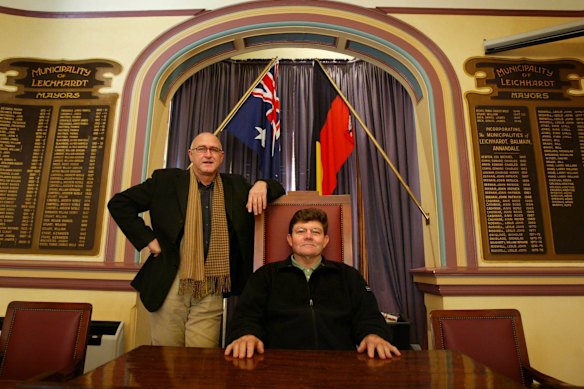 Former Leichhardt mayor Larry Hand and the creator of the documentary Rats in the Ranks, Bob Connolly, inside the Leichhardt Council chambers.