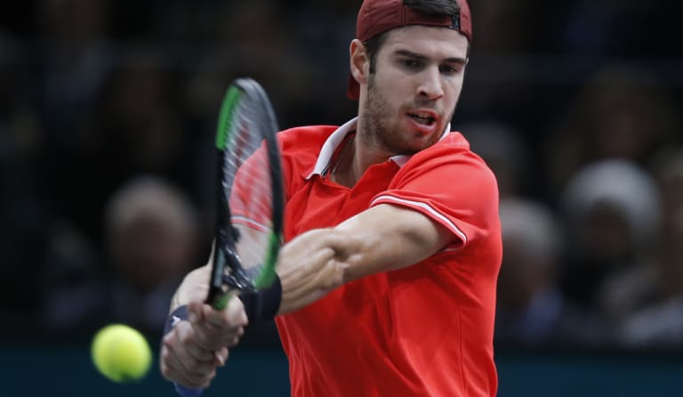 Russian Karen Khachanov on his way to beating Serbian Novak Djokovic in the Paris Masters final on Sunday.