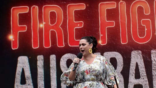 Celeste Barber on stage as MC
at Fire Fight Australia Bushfire relief concert.