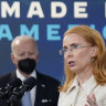 President Joe Biden listens as Tritium CEO Jane Hunter speaks about electric vehicle chargers at the White House on February 8, 2022.