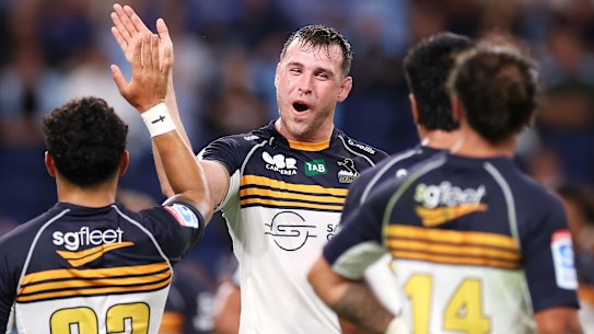Nick Frost celebrates the Brumbies’ opening victory over the Waratahs.