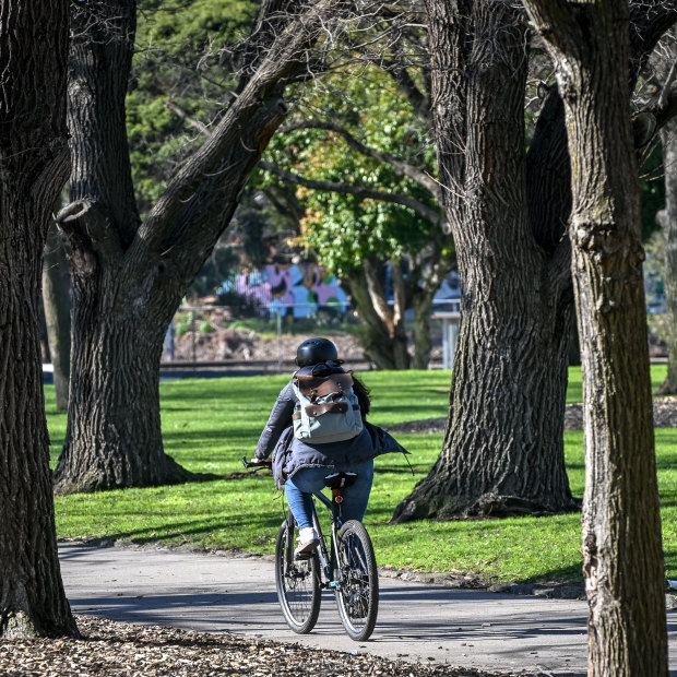 A cyclist rides through Darling Gardens in Clifton Hill.