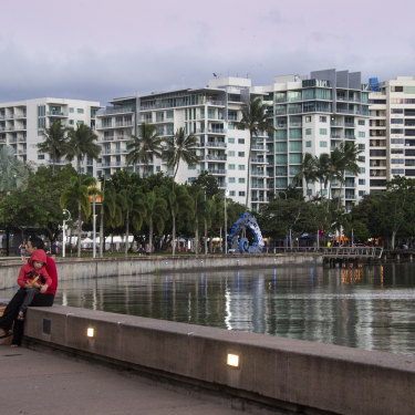 Hotels, some shuttered and the rest nearly empty, overlook the Cairns Esplanade. 