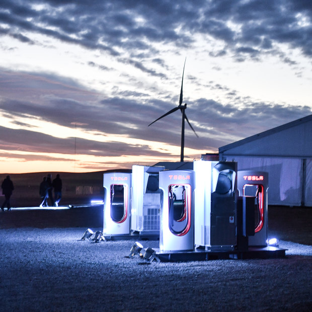 A car-charging station at Tesla's wind and solar battery plant outside of Jamestown, South Australia.