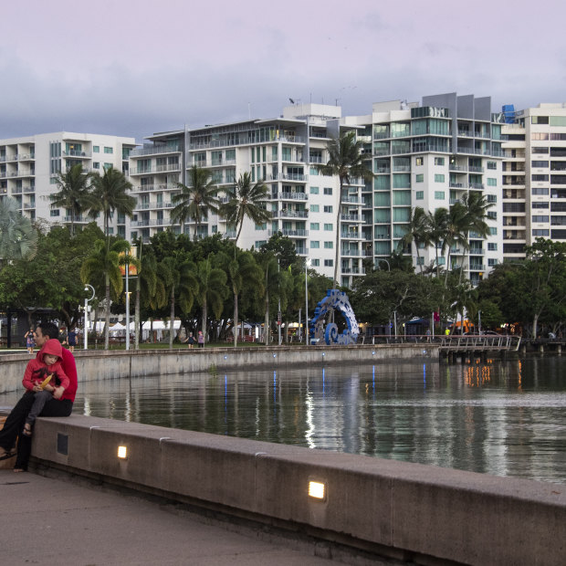 Hotels, some shuttered and the rest nearly empty, overlook the Cairns Esplanade. 