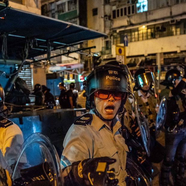 Riot police in the Sham Shui Po area in Kowloon on August 29.