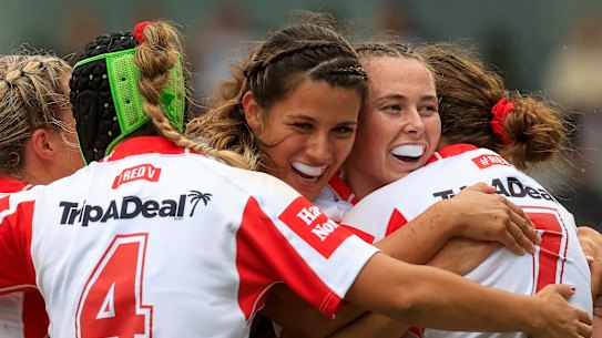 The Dragons celebrate a try during their impressive 2022 campaign.