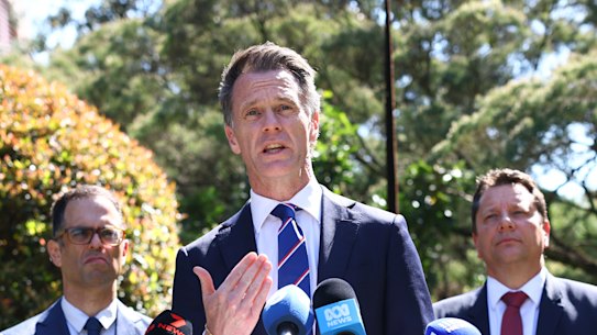 Premier Chris Minns was joined by Treasurer Daniel Mookhey (left) and Minister for Planning Paul Scully to announce legislation for major planning reforms.