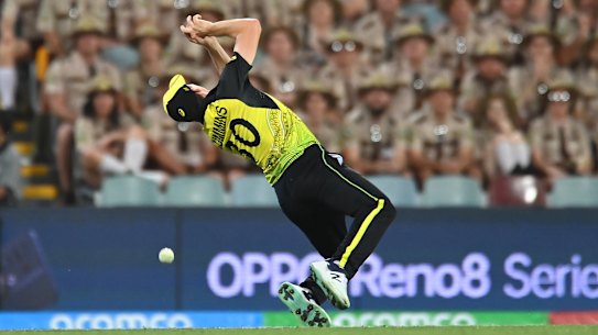 Pat Cummins drops a catch.