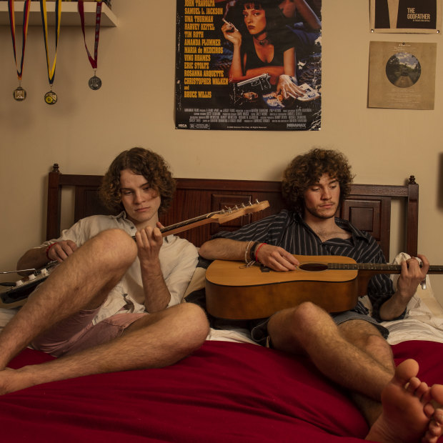 Twins Ned and Jim Tulip at home on their 18th birthday.  Jim was hoping to go to Japan with mates after the HSC. "We've been going to school for more than a decade, with no big break from it in between, and this year, especially, is stressful," he says.