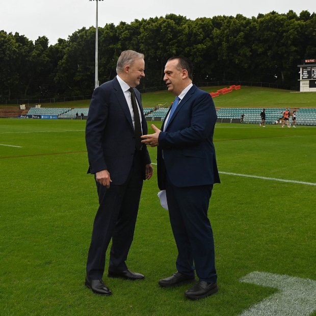 Anthony Albanese with Peter V’landys at Leichhardt Oval in June.