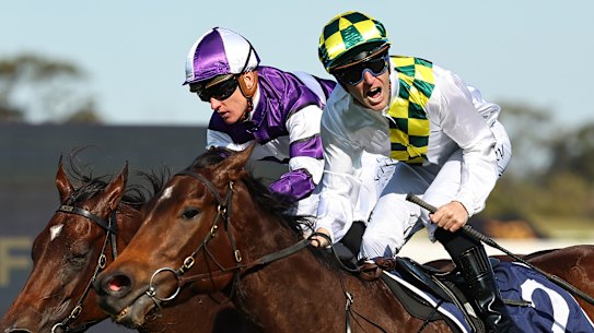 Tommy Berry gives a roar as Sunshine In Paris takes out the Sheraco Stakes on her way to The Everest. 