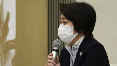 Tokyo 2020 President Seiko Hashimoto speaks during a meeting between Tokyo Governor Yuriko Koike and International Olympic Committee President Thomas Bach in Tokyo, Japan.