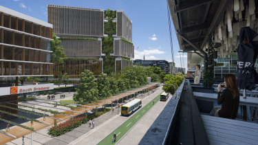 Concept images for the proposed Brisbane Metro station at the Brisbane Convention and Exhibition Centre, preferred by the state government to the original location at the Cultural Centre.