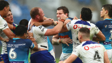 Jarrod Wallace and Matt Lodge were sin-binned after this melee.