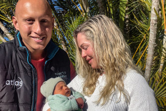 Christos Kyrgios with partner Alicia Gowans and their first child, newborn George.