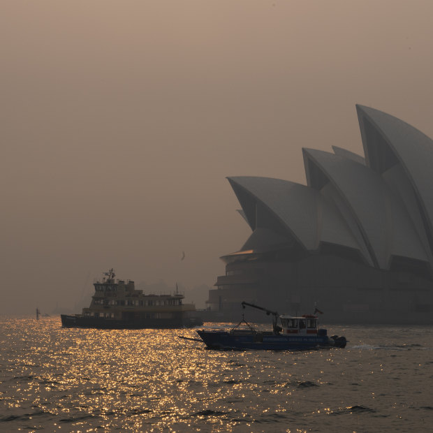 Smoke haze over Sydney Harbour from bushfires burning in NSW in early December.